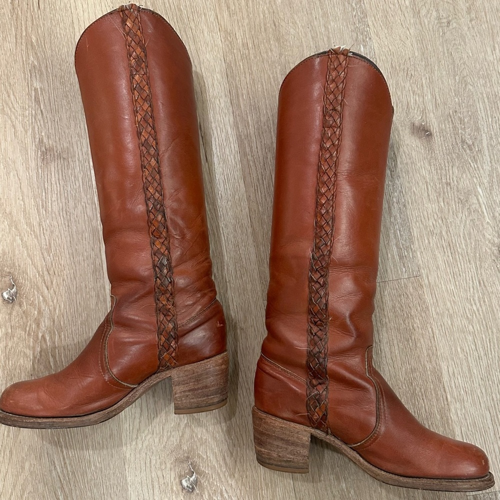 Frye Vintage Braided Sabrina Amber Brown Knee High Tall Boot Women's size 6 - Picture 3 of 16